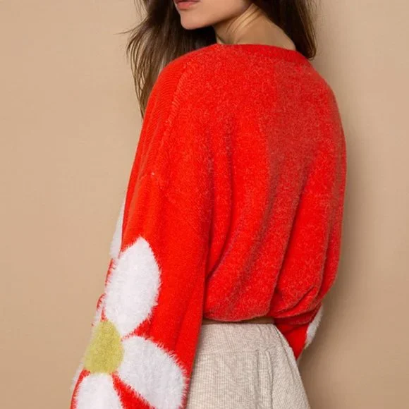 POL Red V-Neck Sweater with Floral Design - Picture 5 of 5